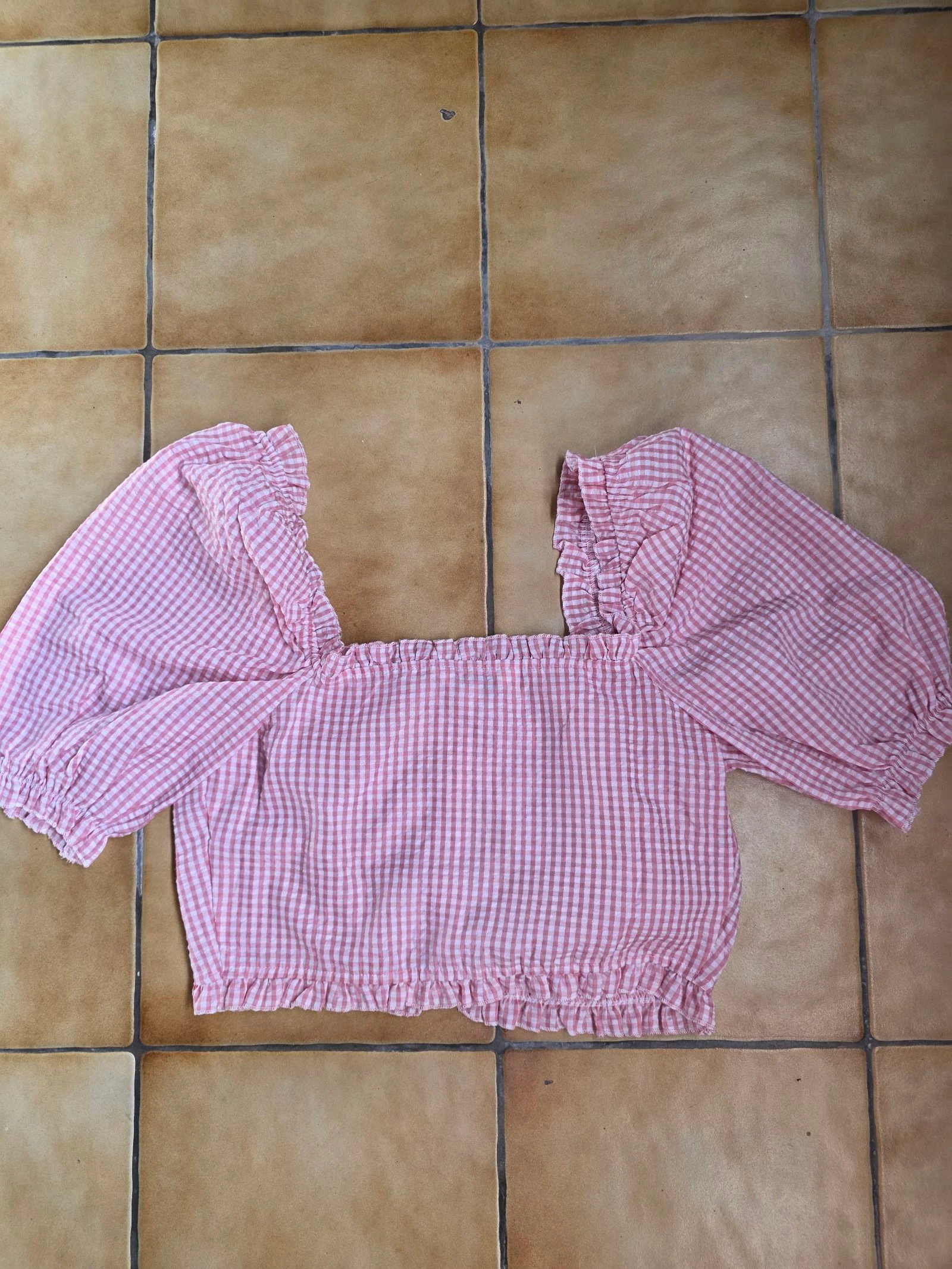 Top cropped vichy com ombros à mostra estilo milkmaid cottagecore rosa gingham milkmaid tamanho G – photo 8